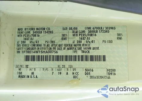 2005 Ford E-150 Commercial/Recreational from USA, damaged, VIN 1FTRE14W15HA00756